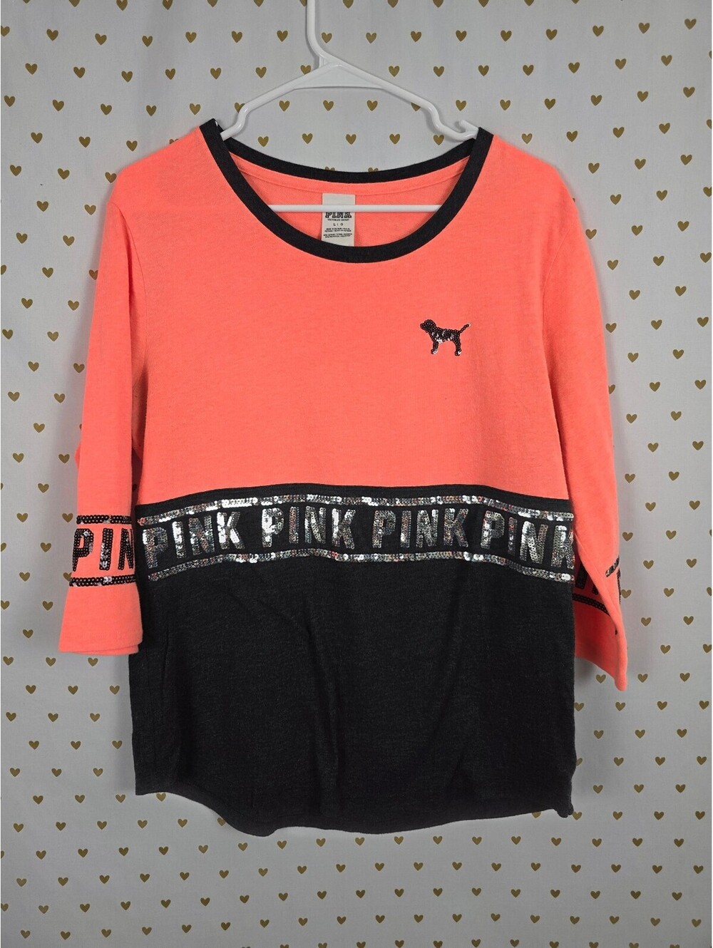 Victorias Secret PINK Neon Bling Quarter Sleeve Sequined Tee shirt LARGE